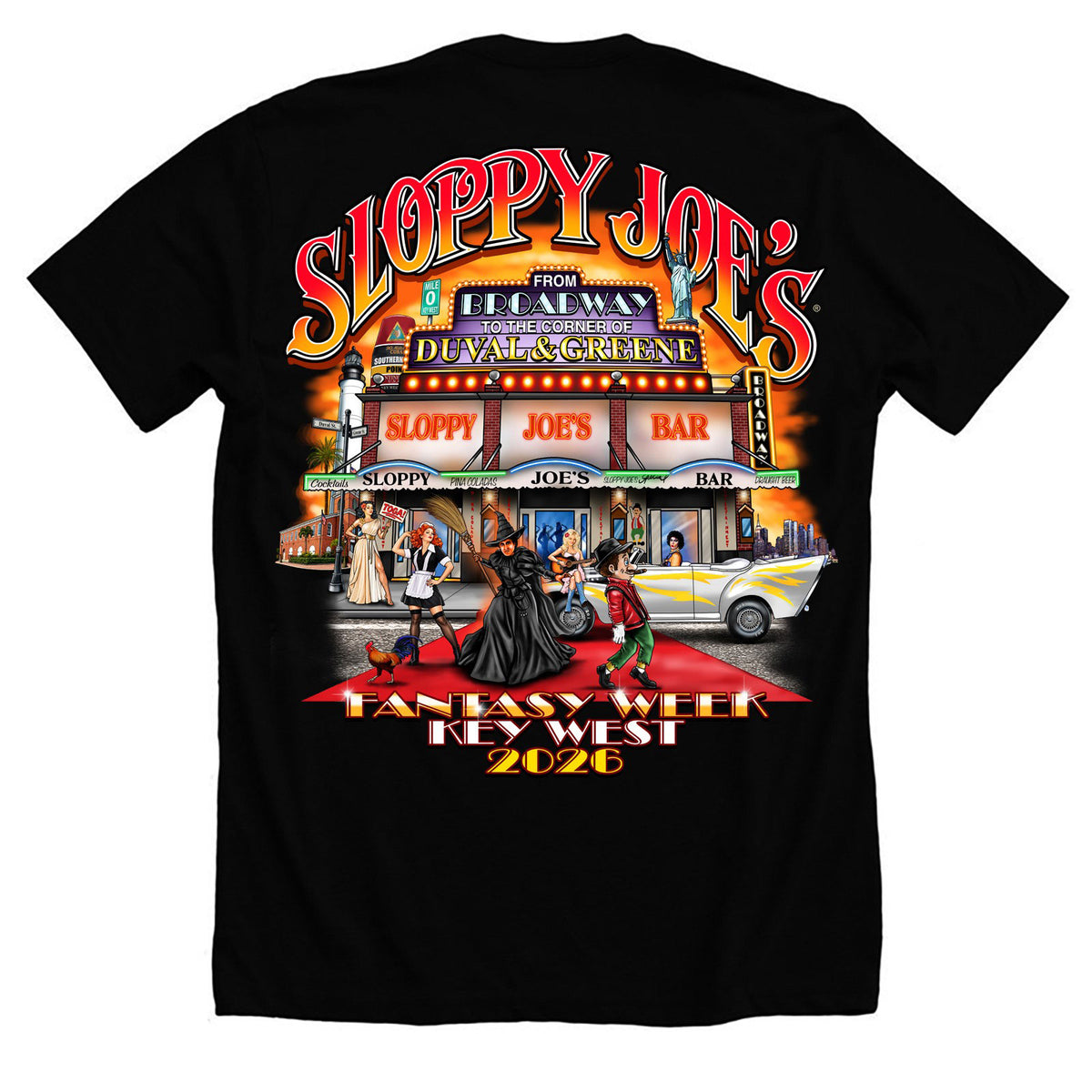 Sloppy Joe’s 2026 Fantasy Week tee back, Broadway marquee design at Duval and Greene