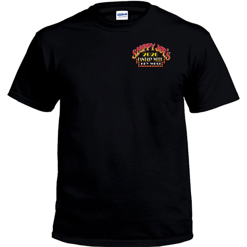 Sloppy Joe’s 2026 Fantasy Week tee front, left-chest marquee logo