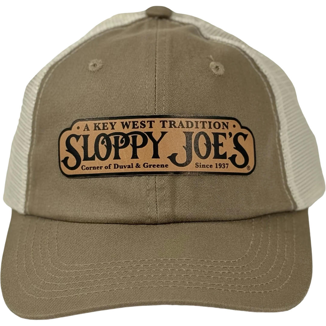 Beach washed hat taupe stone, Sloppy Joe's Bar Key West leather patch cap