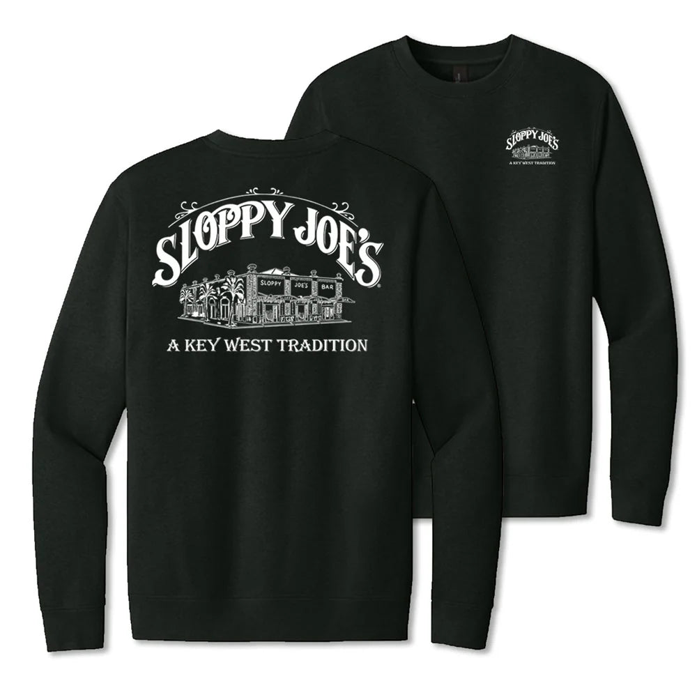 Building logo crew fleece in black front view, Sloppy Joe's Bar Key West sweatshirt