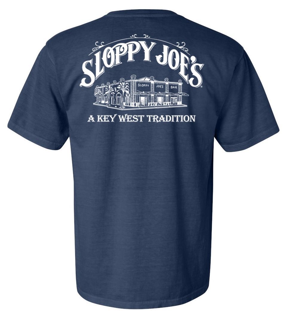 Back view of Midnight Comfort Colors men's T-shirt with Sloppy Joe's Bar building logo graphic, Key West theme