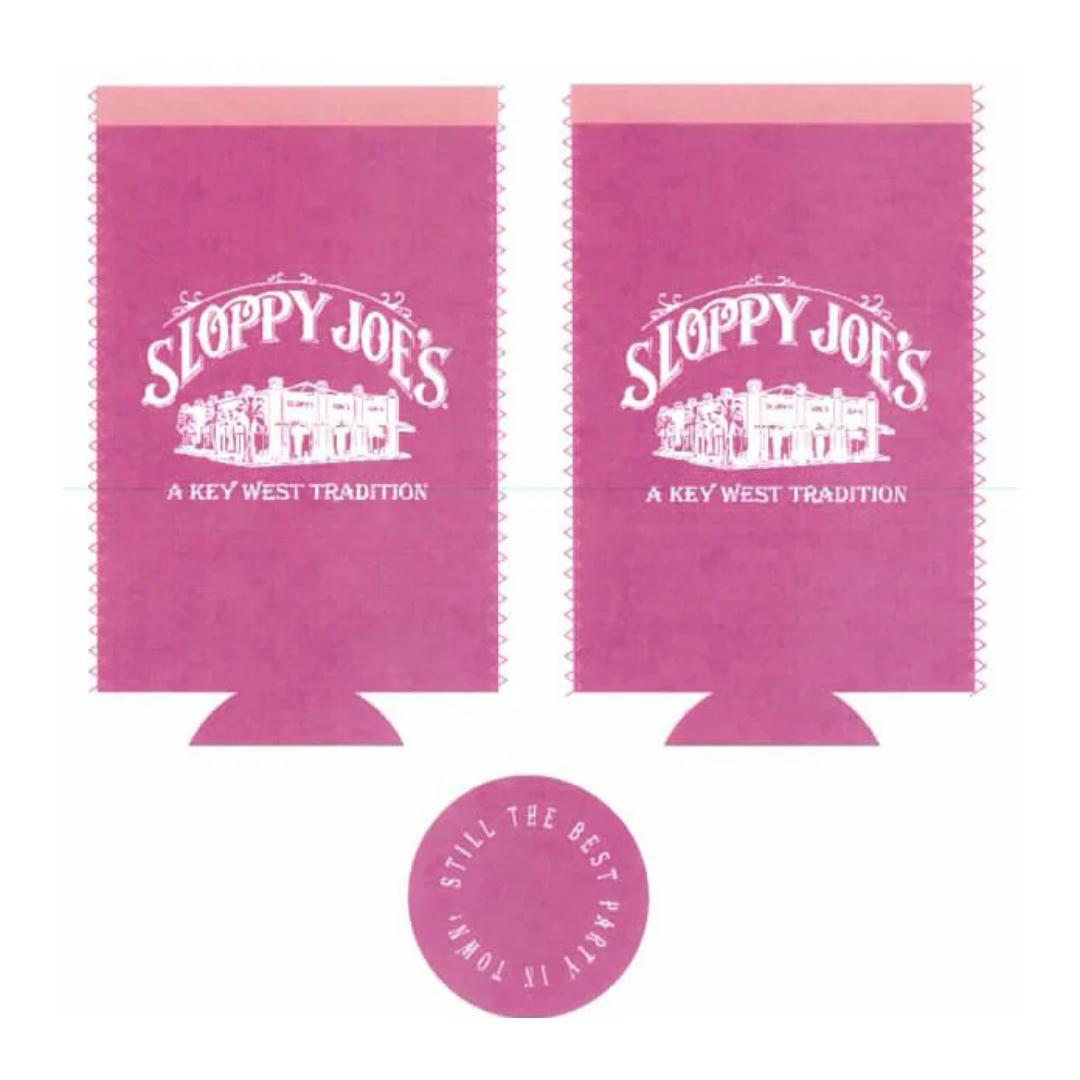 Hot pink neoprene slim can coolie, Sloppy Joe's Bar Key West logo