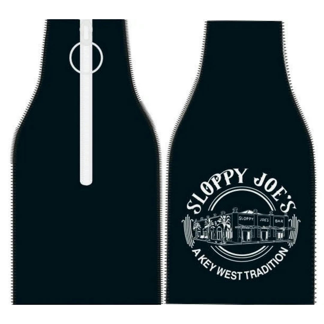Sloppy Joe's bottle zip coolie in black, neoprene zip sleeve for bottles Key West
