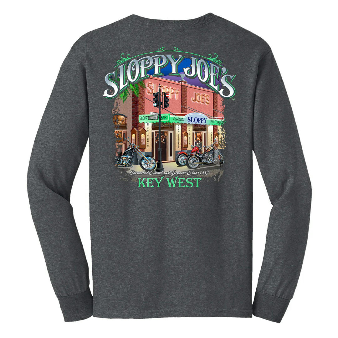 Duval and Greene biker long sleeve back view, Sloppy Joe's Key West bold graphic