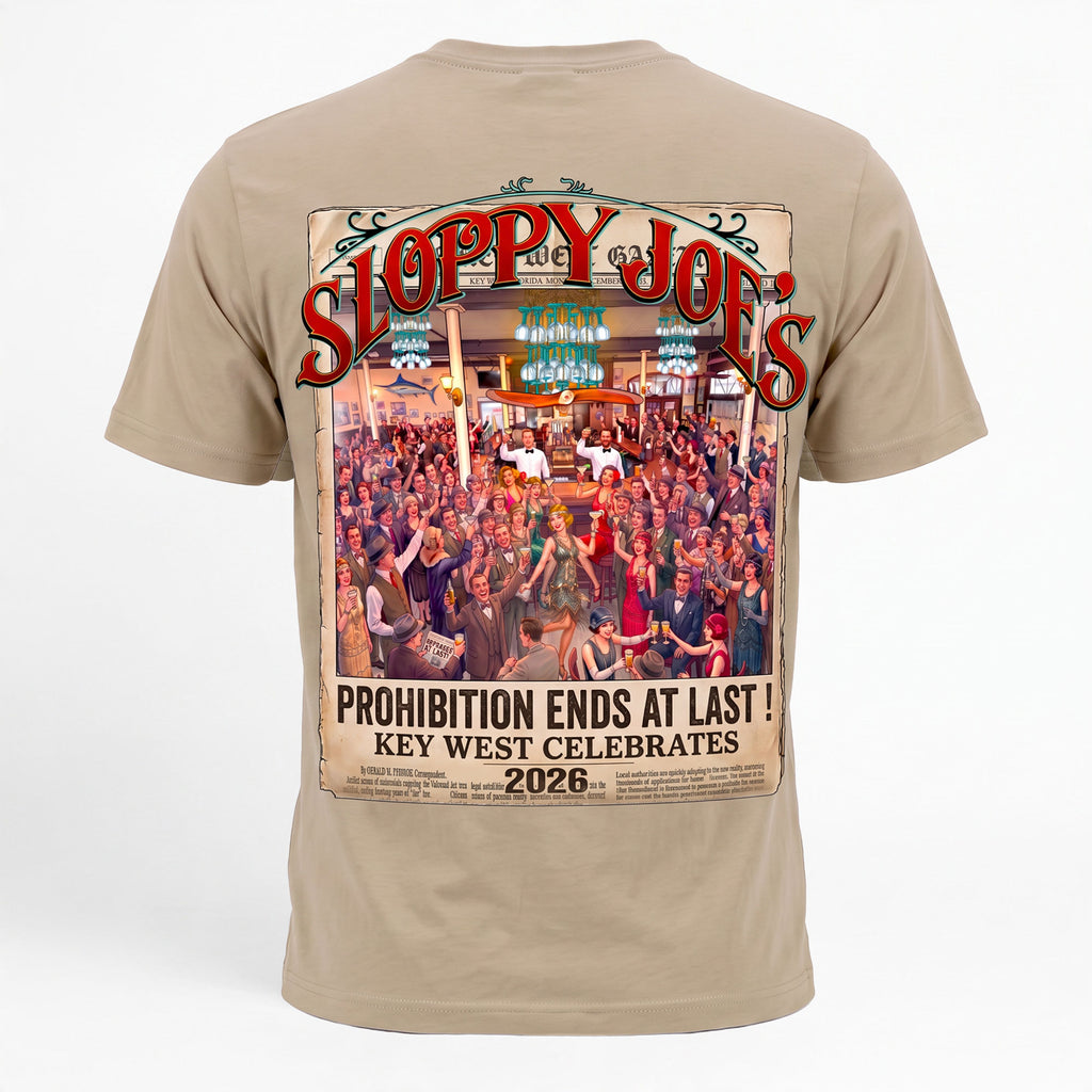 Sloppy Joe’s 2026 End of Prohibition men’s tee back, vintage newspaper design of a 1920s bar celebration