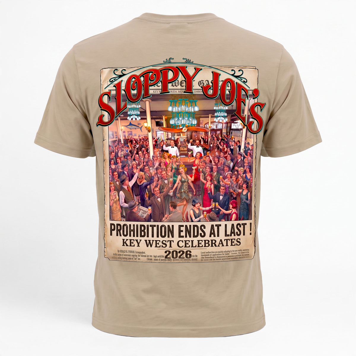 Sloppy Joe’s 2026 End of Prohibition men’s tee back, vintage newspaper design of a 1920s bar celebration