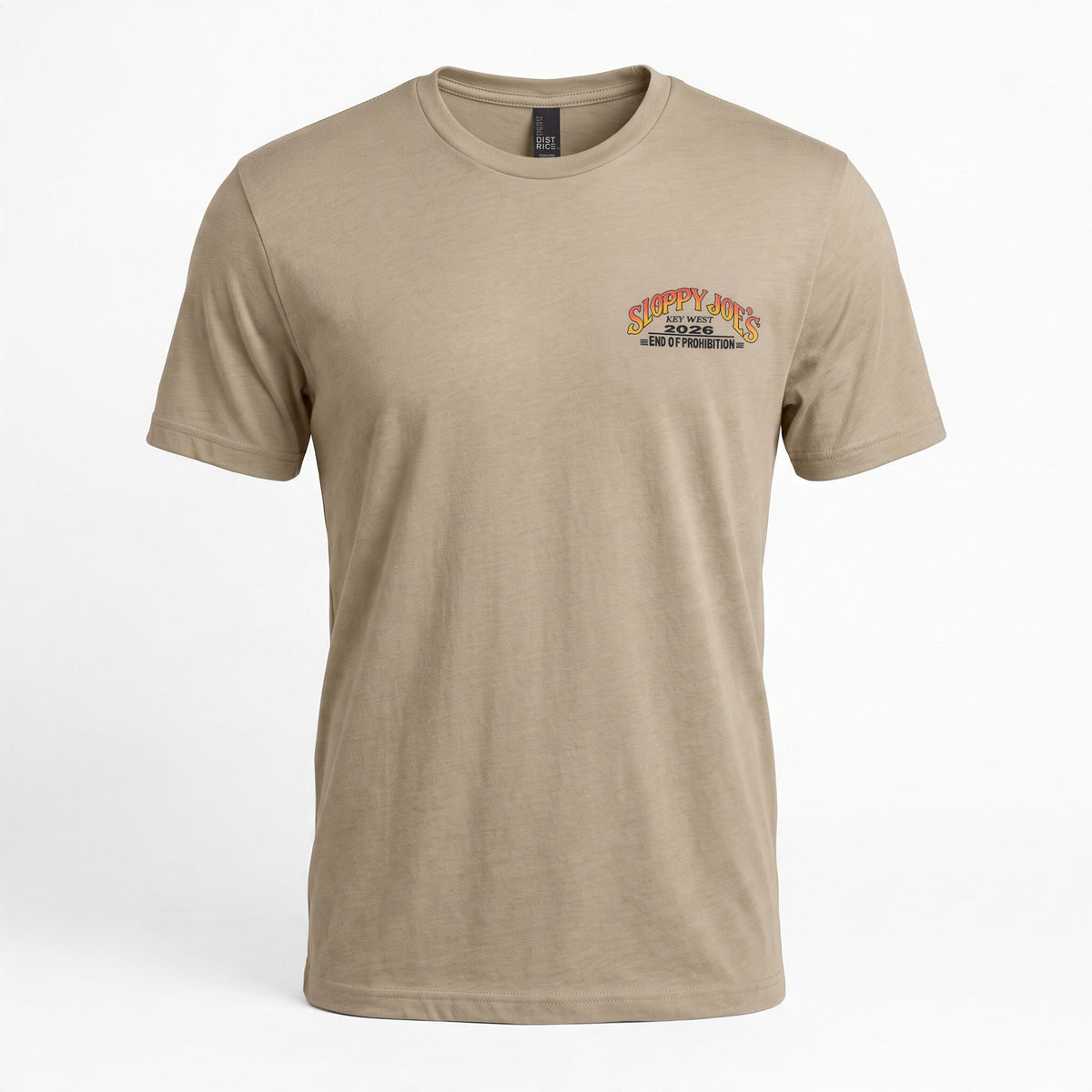 Sloppy Joe’s 2026 End of Prohibition men’s tee front in Dune, left-chest logo