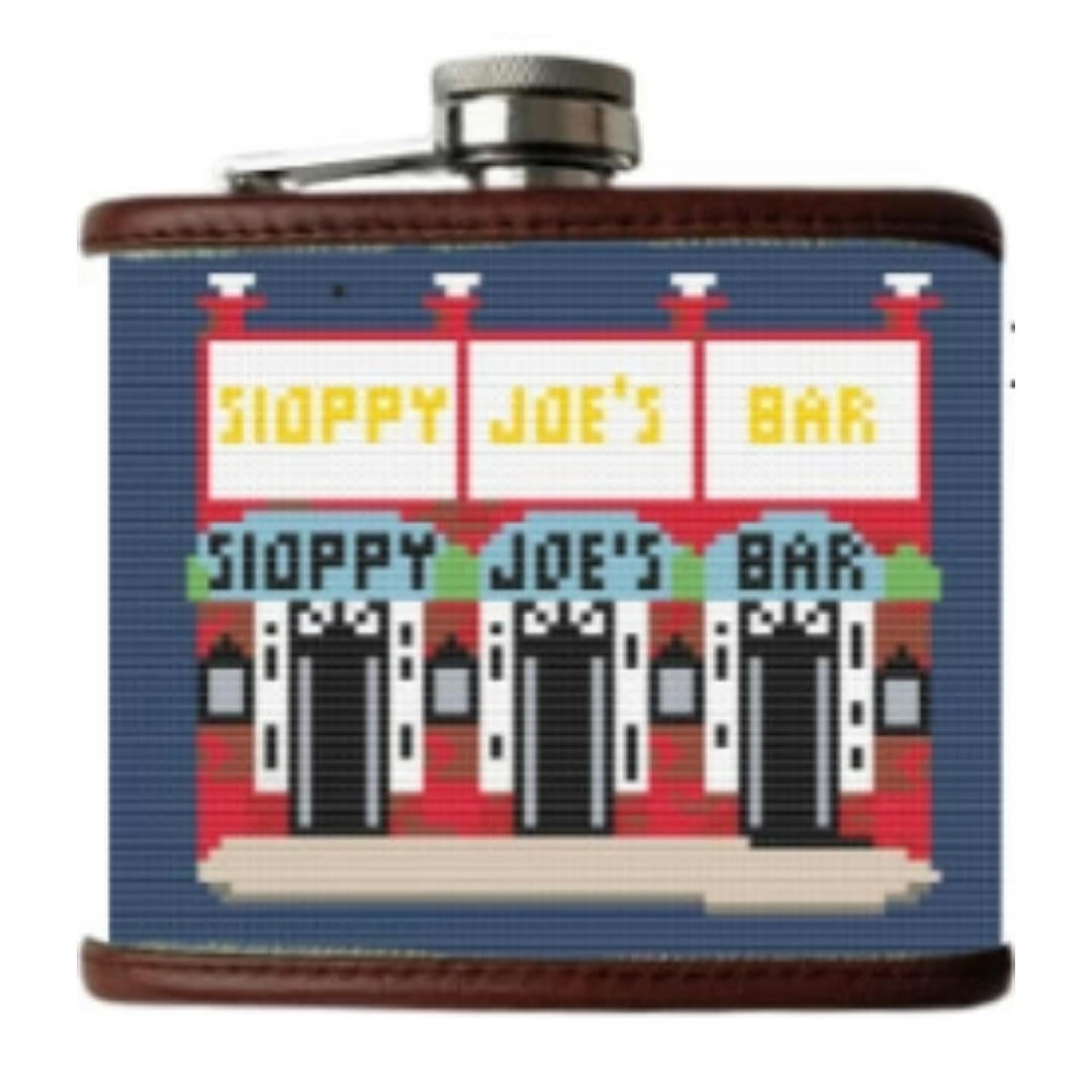 Hand-stitched needlepoint flask front view, Sloppy Joe's Bar Key West artisan collectible