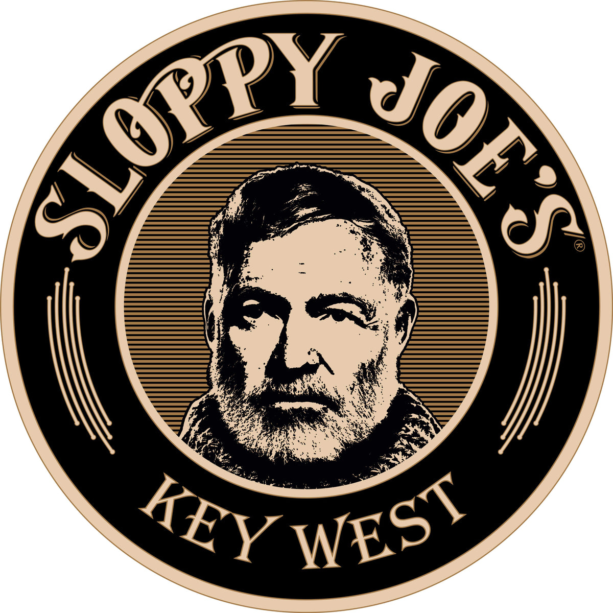 3.5-inch round Sloppy Joe’s sticker with a black and cream portrait of Ernest Hemingway over gold engraved lines, framed by “Sloppy Joe’s” and “Key West” lettering