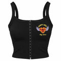 Sloppy Joe’s Julie’s Tank, black hook-front crop tank with embroidered winged heart Key West emblem on left chest
