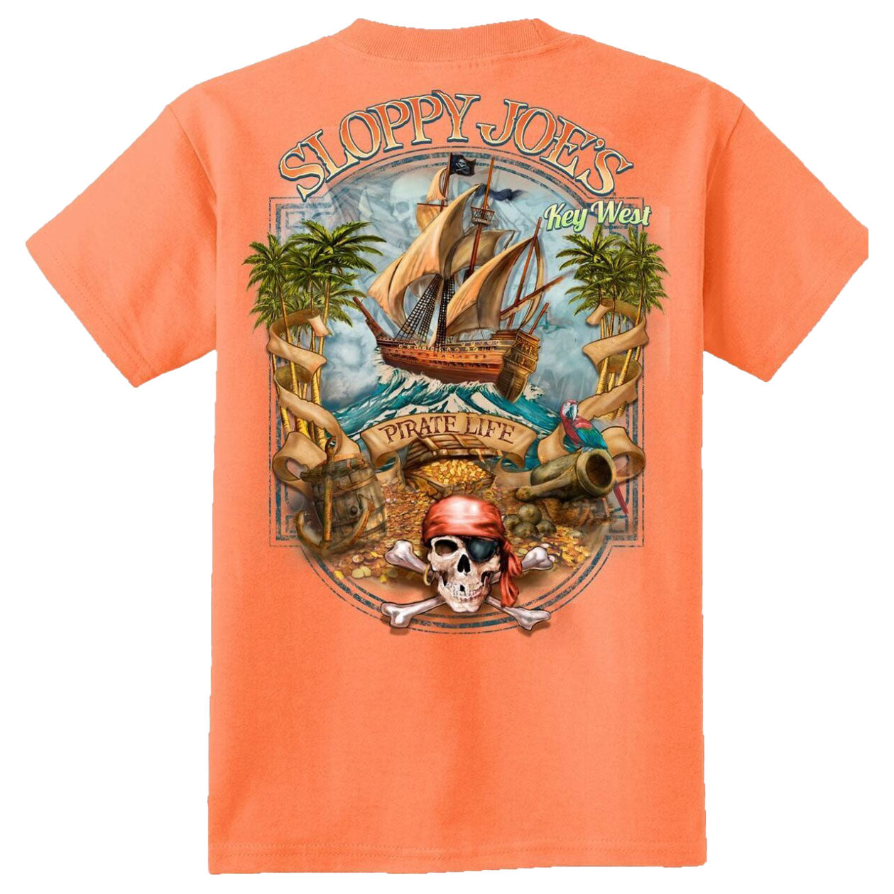 Kids Sloppy Joe's Pirate Island tee neon orange back view, Key West youth graphic shirt