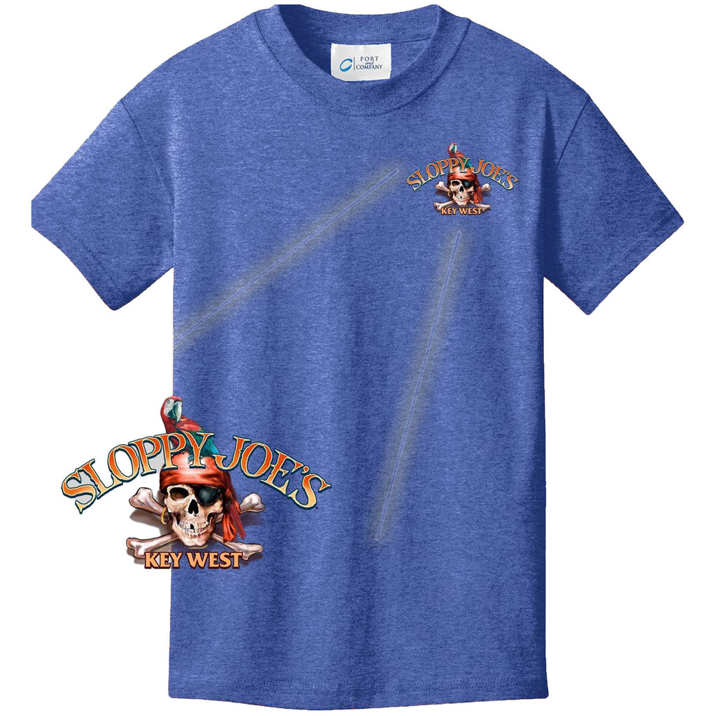 Kids Sloppy Joe's Pirate Island tee royal front view, Key West youth graphic shirt