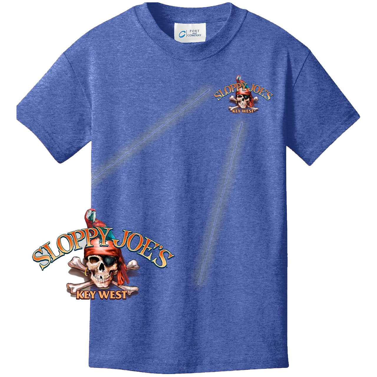 Kids Sloppy Joe's Pirate Island tee royal front view, Key West youth graphic shirt