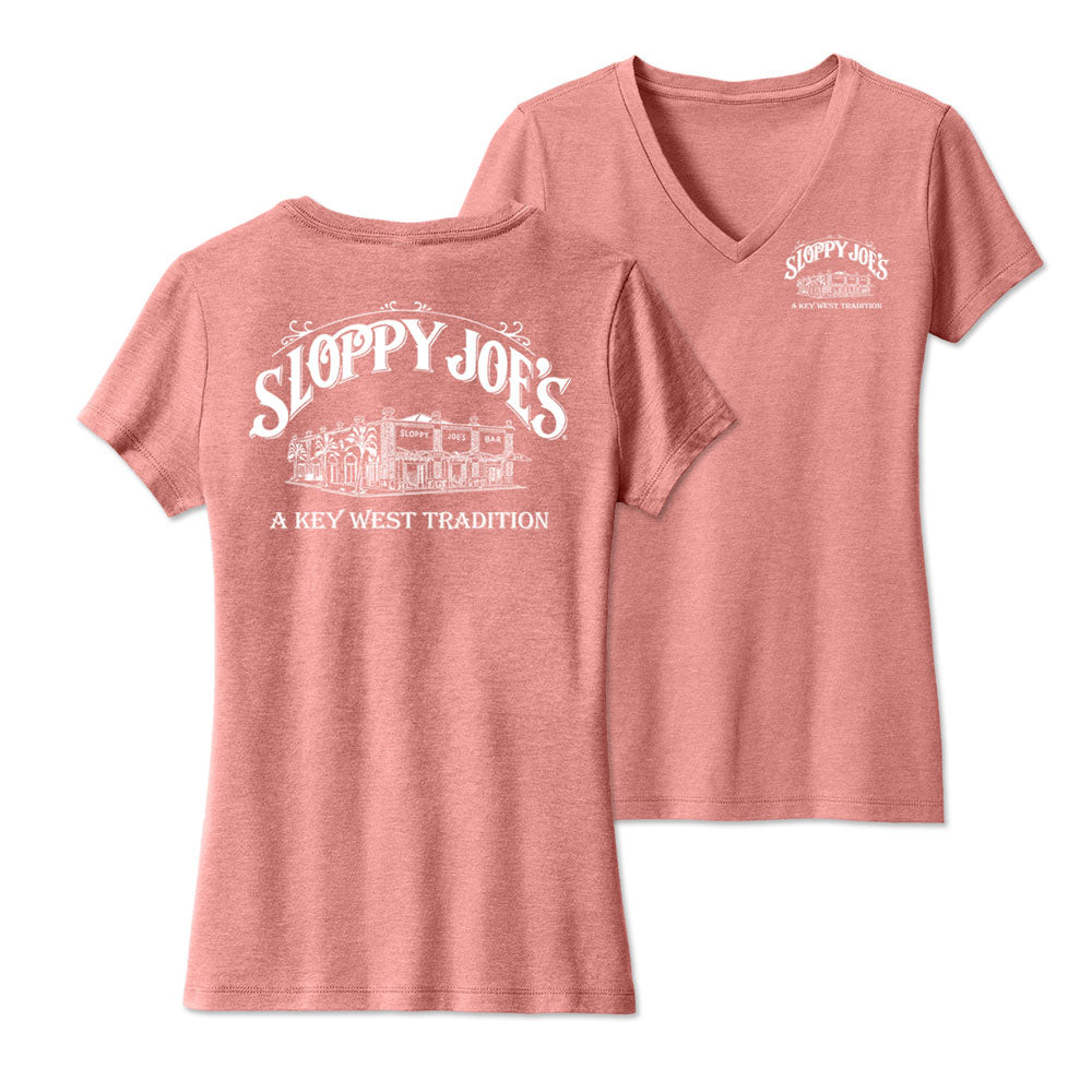 Ladies violet V-neck tee with Sloppy Joe's Bar Key West logo, front crest and large back print