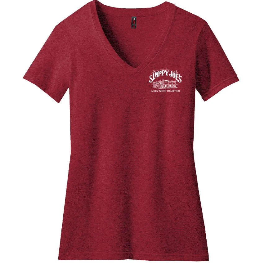 Ladies bar logo V-neck red front view, Sloppy Joe's Bar Key West ladies tee