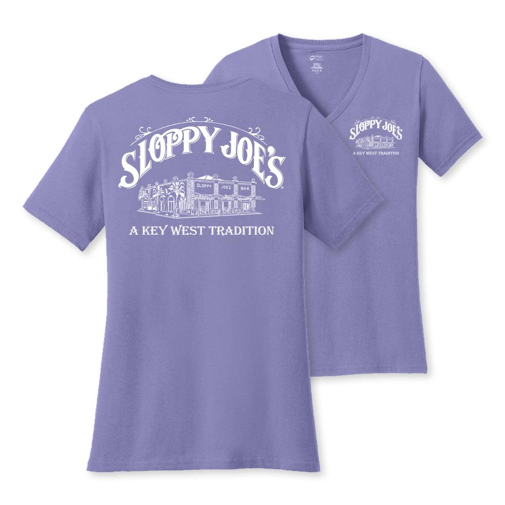 Ladies violet short sleeve V-neck tee with Sloppy Joe's building logo, Key West Tradition