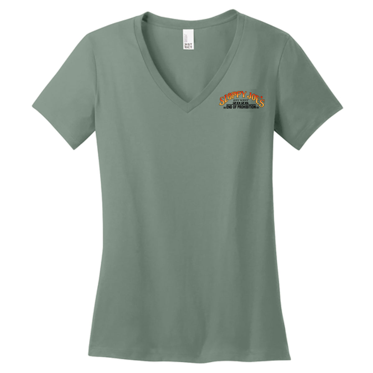 Sloppy Joe’s 2026 End of Prohibition ladies V-neck front in Sage Green, left-chest logo