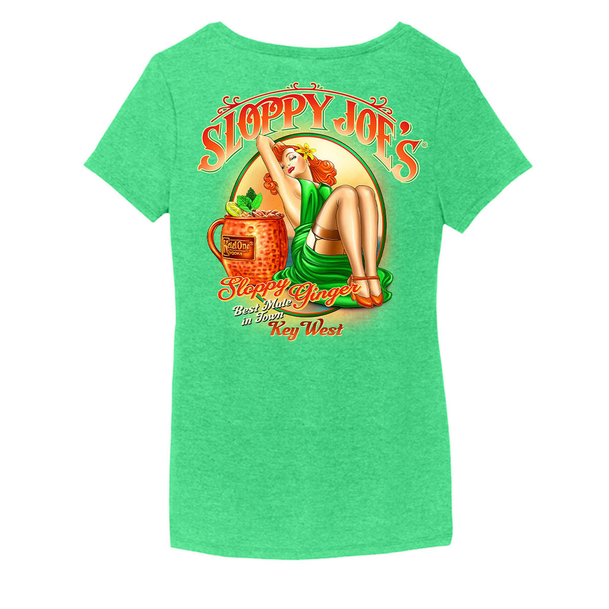Back of a women’s heathered green Sloppy Joe’s V-neck tee with retro pin-up art of a red-haired woman in a green dress beside a copper mule mug, with “Sloppy Ginger, Best Mule in Town, Key West”