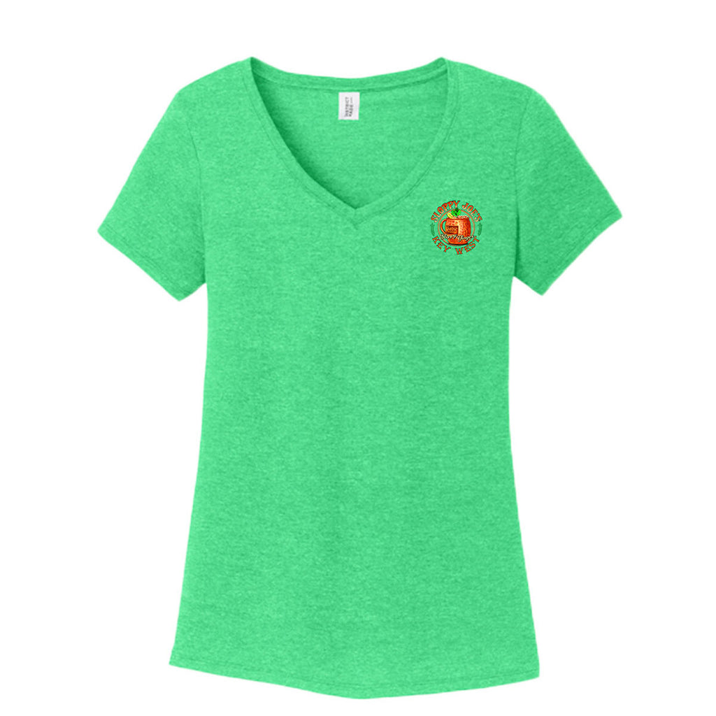 Front of a women’s heathered green Sloppy Joe’s V-neck tee with a small round Sloppy Ginger Key West logo featuring a copper mug on the left chest