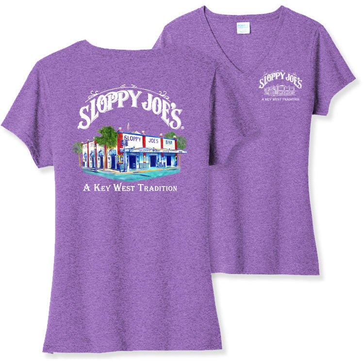 Ladies watercolor V-neck tee in lilac, Sloppy Joe's Bar Key West graphic