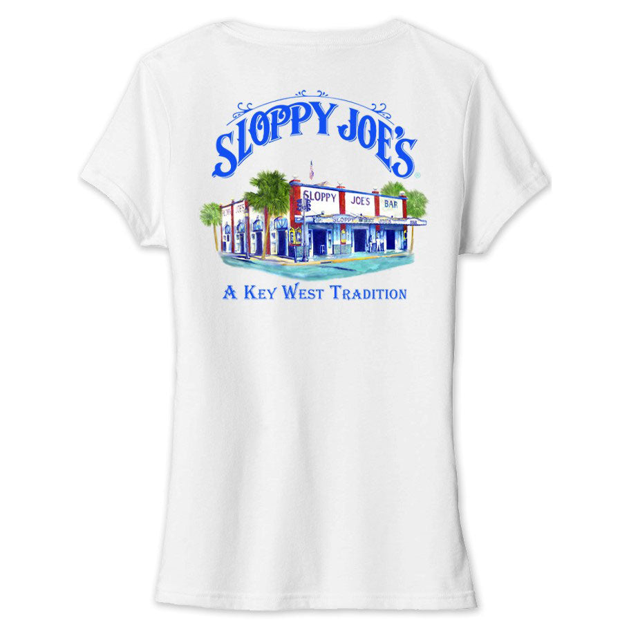 Ladies watercolor V-neck tee in white, Sloppy Joe's Bar Key West graphic