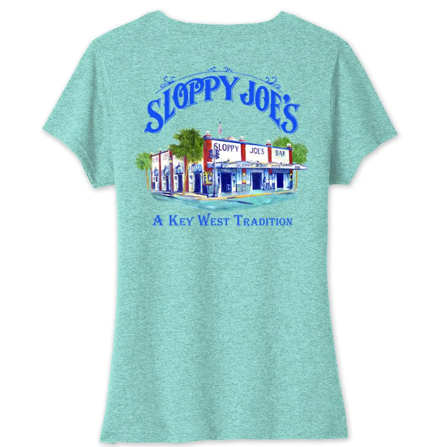 Ladies watercolor V-neck tee back in vivid teal, Sloppy Joe's Key West watercolor building graphic