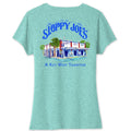 Ladies watercolor V-neck tee back in vivid teal, Sloppy Joe's Key West watercolor building graphic