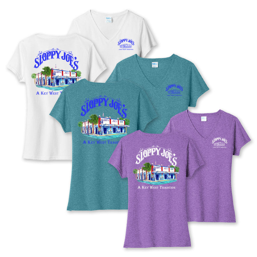 Ladies watercolor V-neck tee group, Sloppy Joe's Key West in teal, purple, and white
