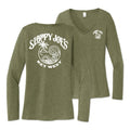 Ladies long sleeve V-neck tri-blend tee olive, Sloppy Joe's Bar Key West logo