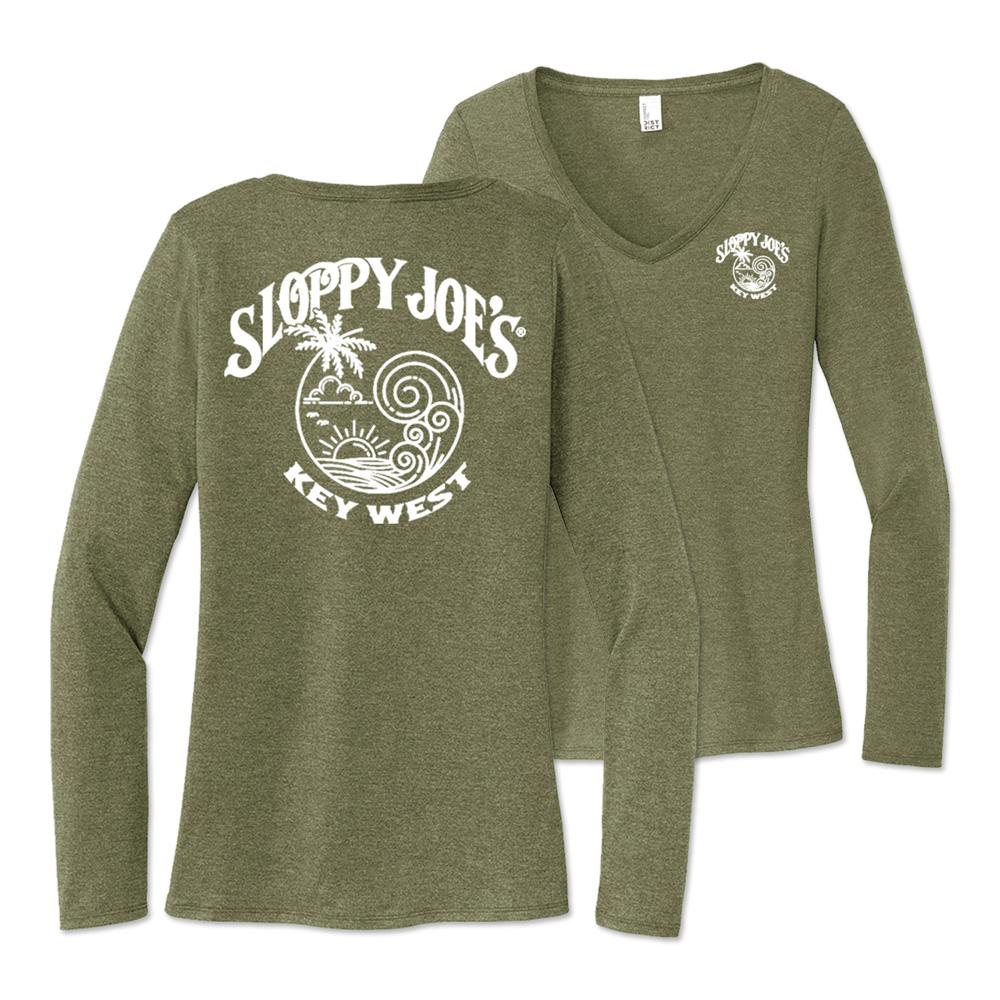 Ladies long sleeve V-neck tri-blend tee olive, Sloppy Joe's Bar Key West logo