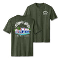 Men’s heathered forest green Sloppy Joe’s t-shirt, back with watercolor painting of the bar’s Duval Street building under “Sloppy Joe’s” and “A Key West Tradition,” front with small left-chest logo