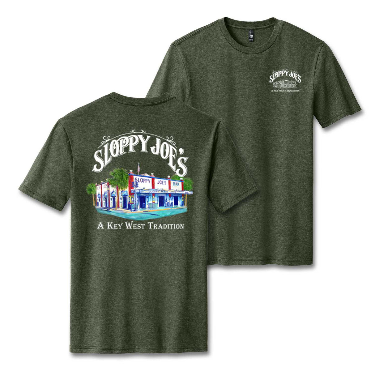 Men’s heathered forest green Sloppy Joe’s t-shirt, back with watercolor painting of the bar’s Duval Street building under “Sloppy Joe’s” and “A Key West Tradition,” front with small left-chest logo