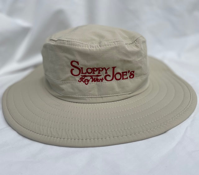 Sloppy Joe's Key West No Fly Zone sun hat in stone with wide brim and red embroidered logo, UPF 30+