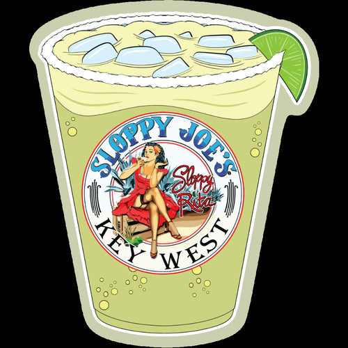 Rita Cup vinyl sticker 3.5 inch, Sloppy Joe's Key West — bold Rita character raising a tropical cup, durable UV-resistant decal