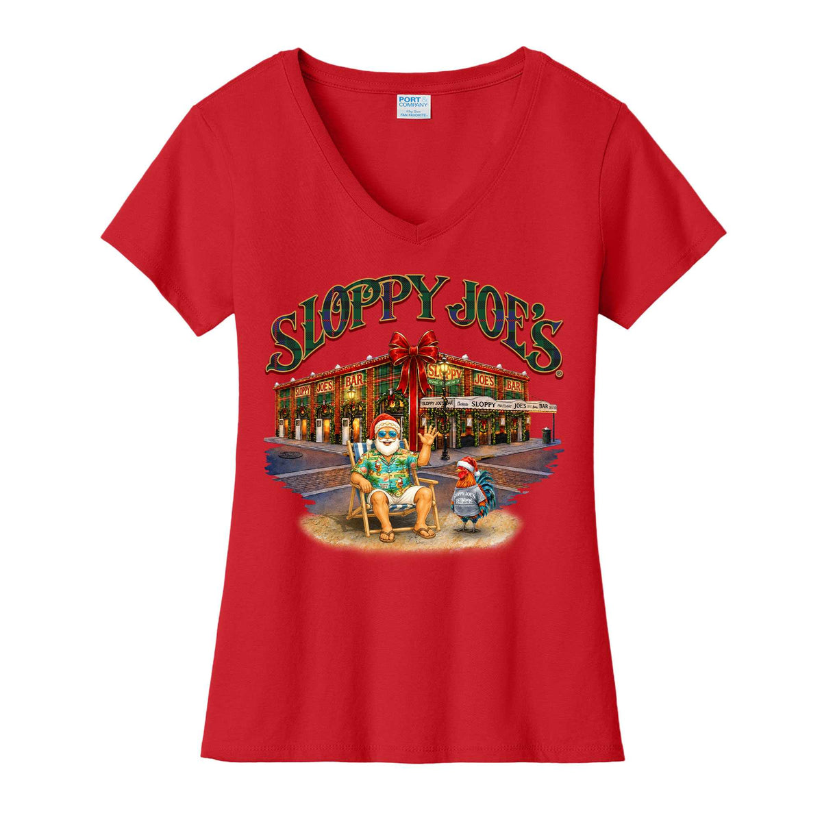 Front of a women’s red Sloppy Joe’s holiday V-neck tee showing the bar building wrapped in plaid with a red bow and wreaths, Santa in a Hawaiian shirt waving from a beach chair, and a rooster in a Santa hat