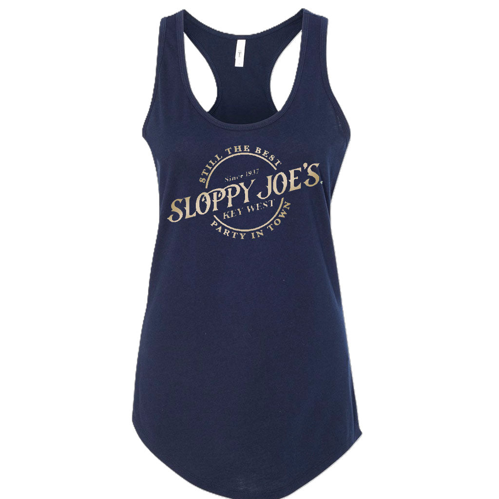 Women’s midnight navy Sloppy Joe’s racerback tank with a gold foil circle logo reading “Still the Best Party in Town,” “Since 1937,” and “Key West”