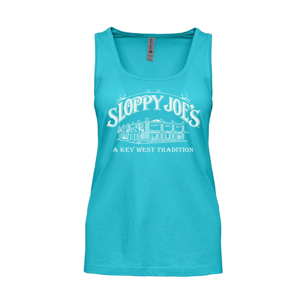 Front of a women’s turquoise Sloppy Joe’s tank top with a large white line-art drawing of the bar building under arched “Sloppy Joe’s” lettering and “A Key West Tradition”
