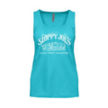 Front of a women’s turquoise Sloppy Joe’s tank top with a large white line-art drawing of the bar building under arched “Sloppy Joe’s” lettering and “A Key West Tradition”