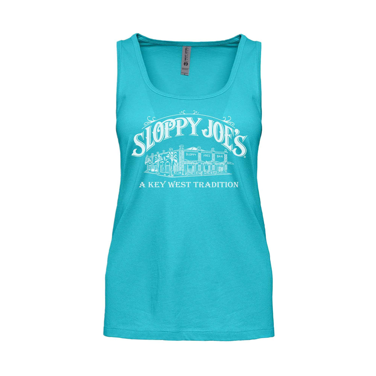 Front of a women’s turquoise Sloppy Joe’s tank top with a large white line-art drawing of the bar building under arched “Sloppy Joe’s” lettering and “A Key West Tradition”