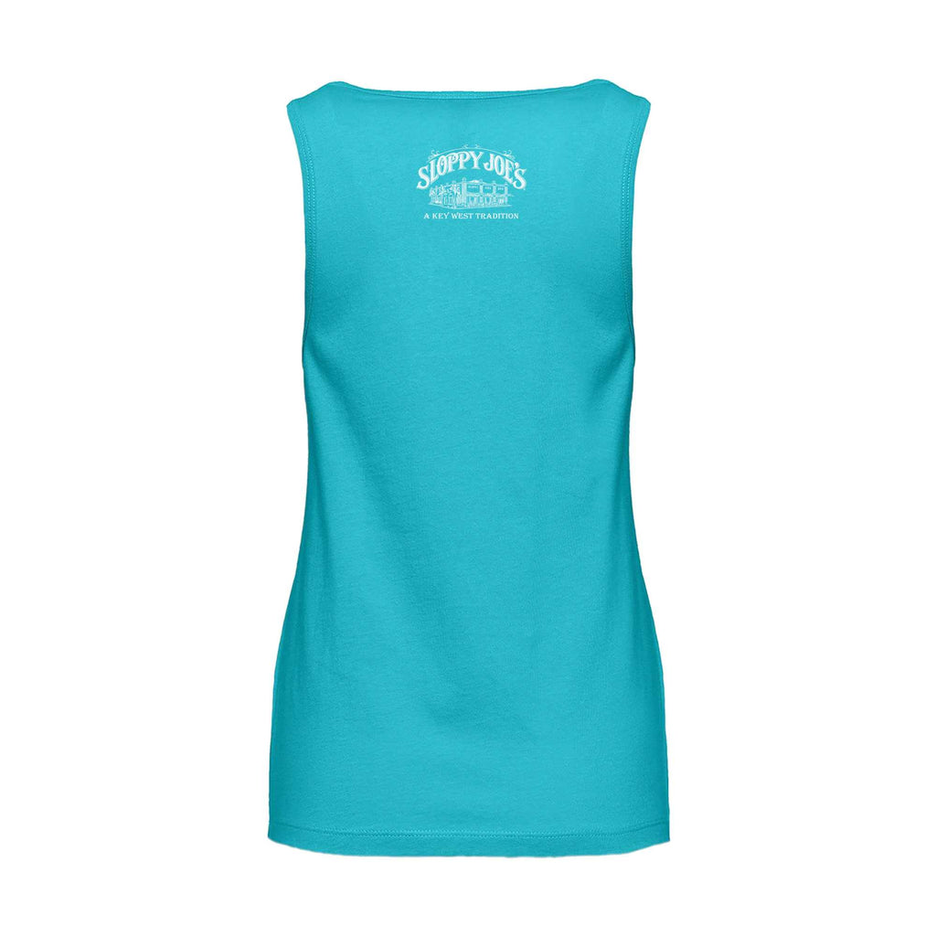 Back of a women’s turquoise Sloppy Joe’s tank top with a small white building logo and “A Key West Tradition” below the neckline