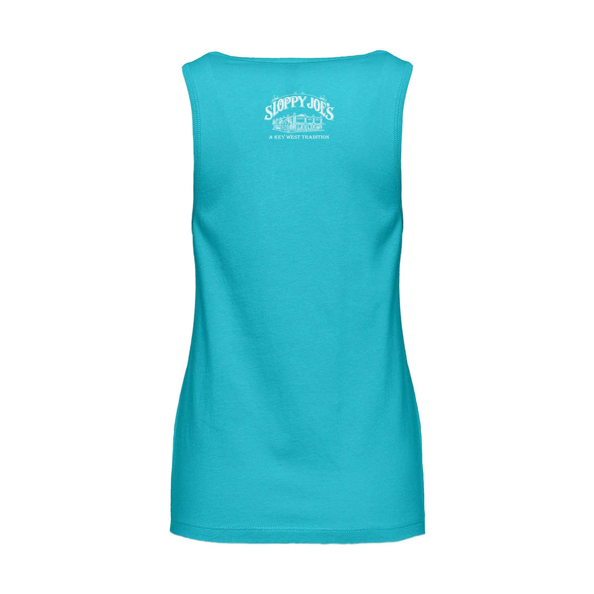 Back of a women’s turquoise Sloppy Joe’s tank top with a small white building logo and “A Key West Tradition” below the neckline