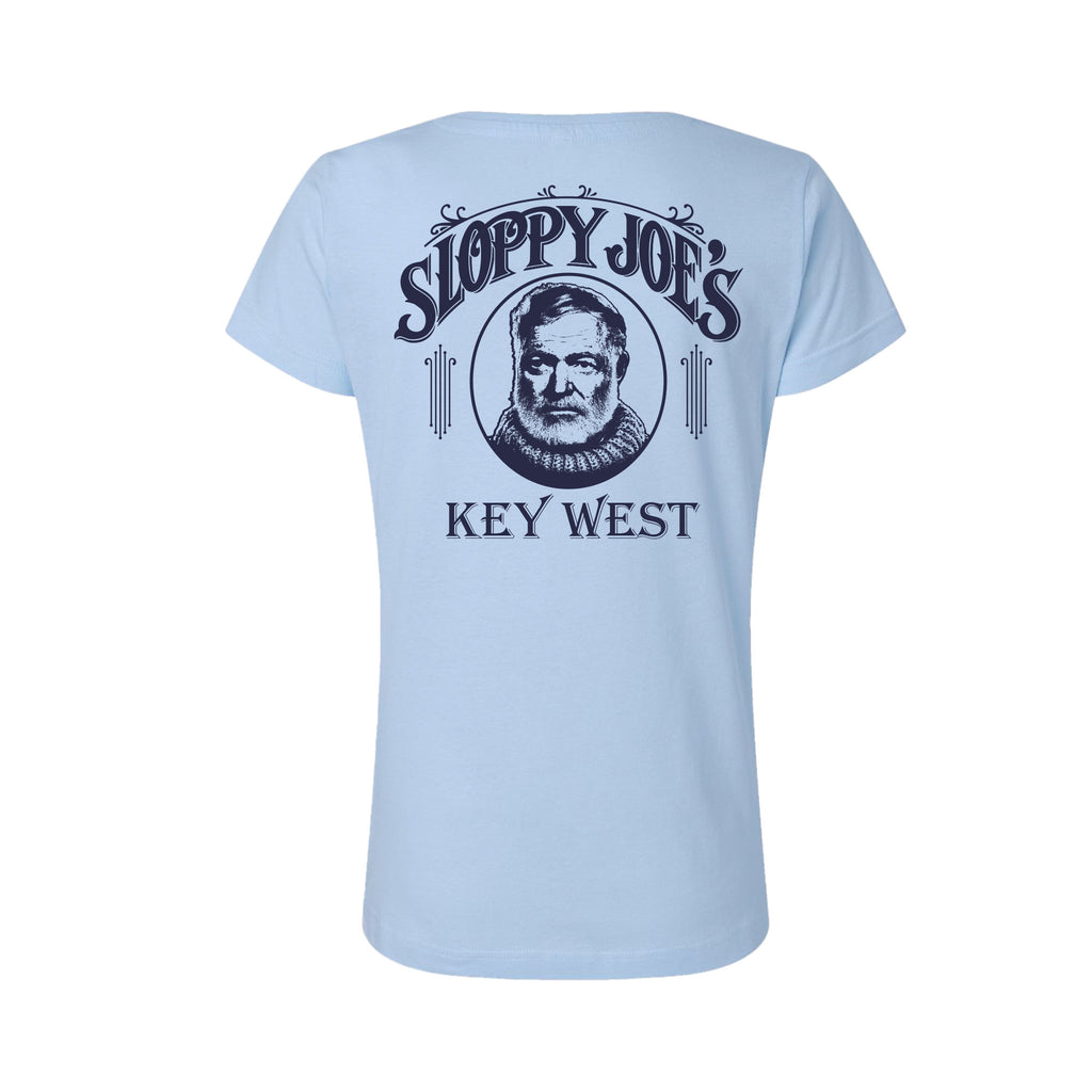 Sloppy Joe’s ladies tee back in Light Blue, navy portrait design with Key West lettering