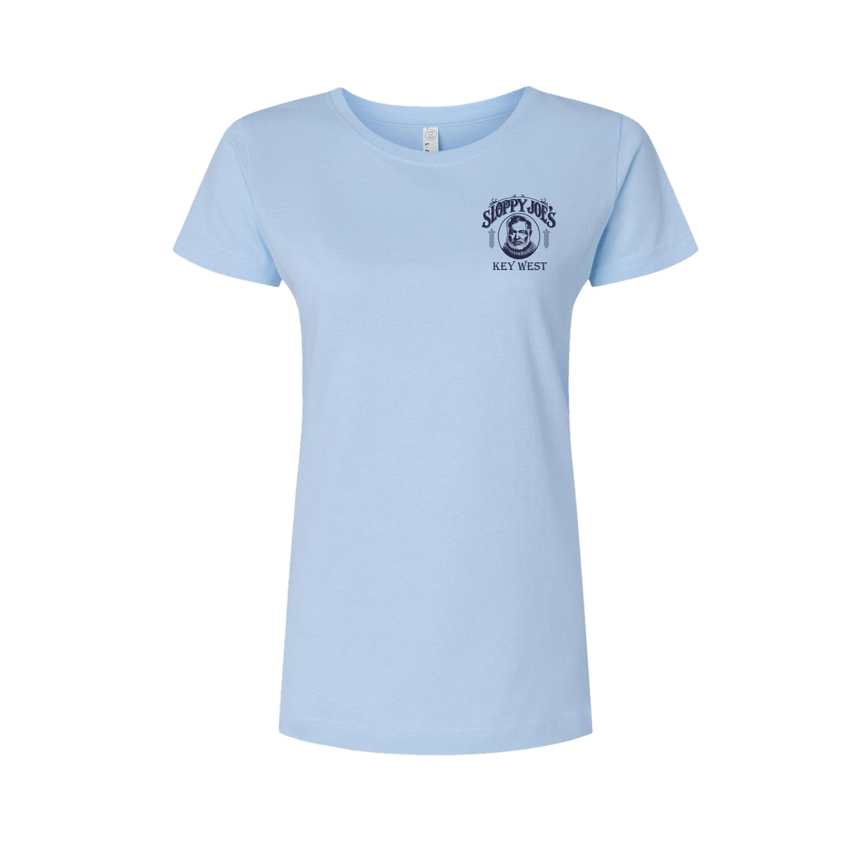 Sloppy Joe’s ladies tee front in Light Blue, left-chest portrait logo