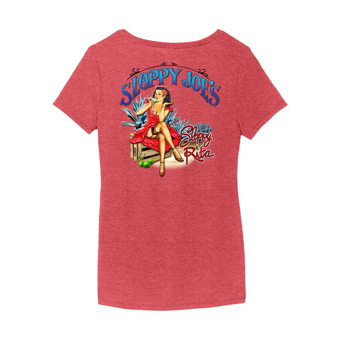 Back of a women’s heathered red Sloppy Joe’s V-neck tee with retro pin-up art of a woman in a red ruffled dress holding a margarita, seated on a lime crate among blue agave, with “Sloppy Rita” script