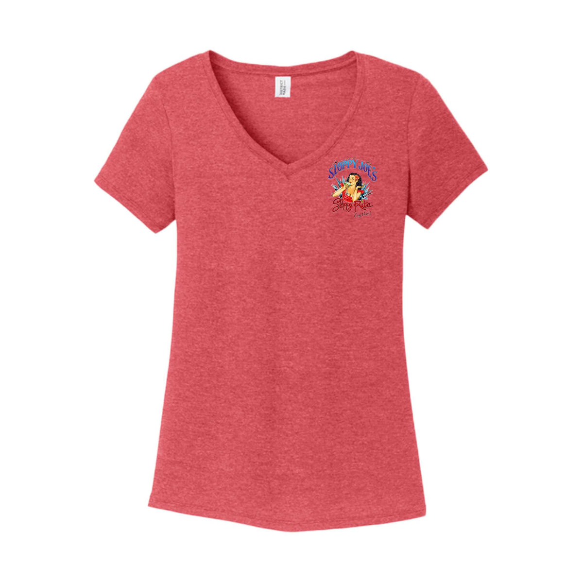 Front of a women’s heathered red Sloppy Joe’s V-neck tee with a small full-color Sloppy Rita Key West design on the left chest