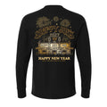 Back of a black Sloppy Joe’s 2027 New Year’s Eve long sleeve tee with gold artwork of fireworks over the bar, a conch shell drop and countdown clock, a cheering crowd, and “Happy New Year, Still the Best Party in Town”
