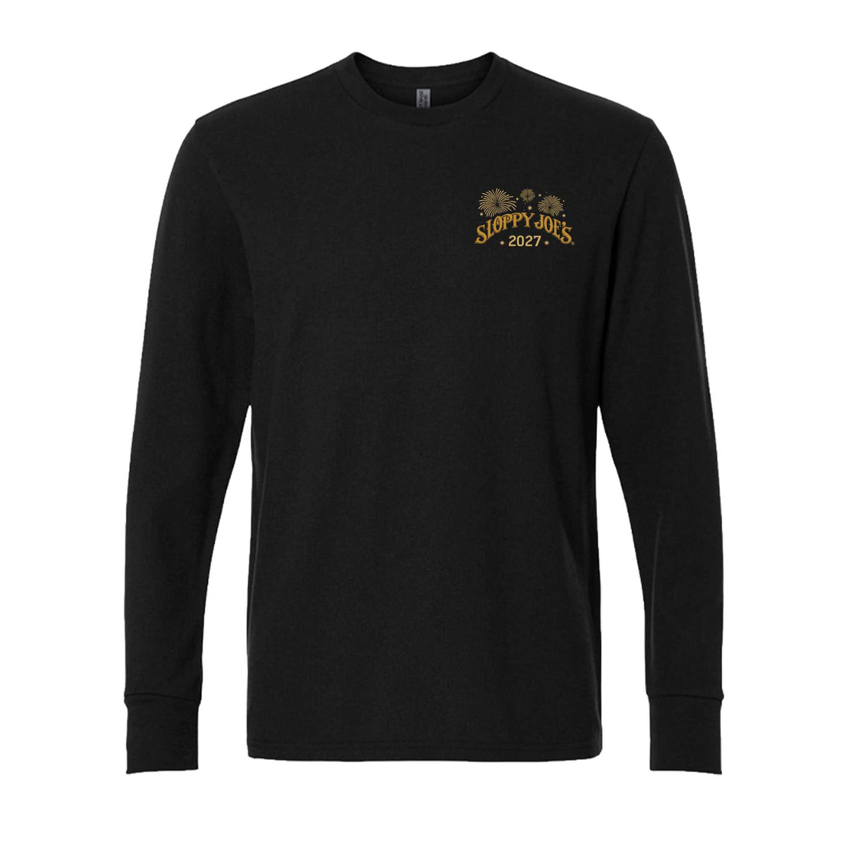 Front of a black Sloppy Joe’s long sleeve tee with a small gold fireworks design and “Sloppy Joe’s 2027” on the left chest