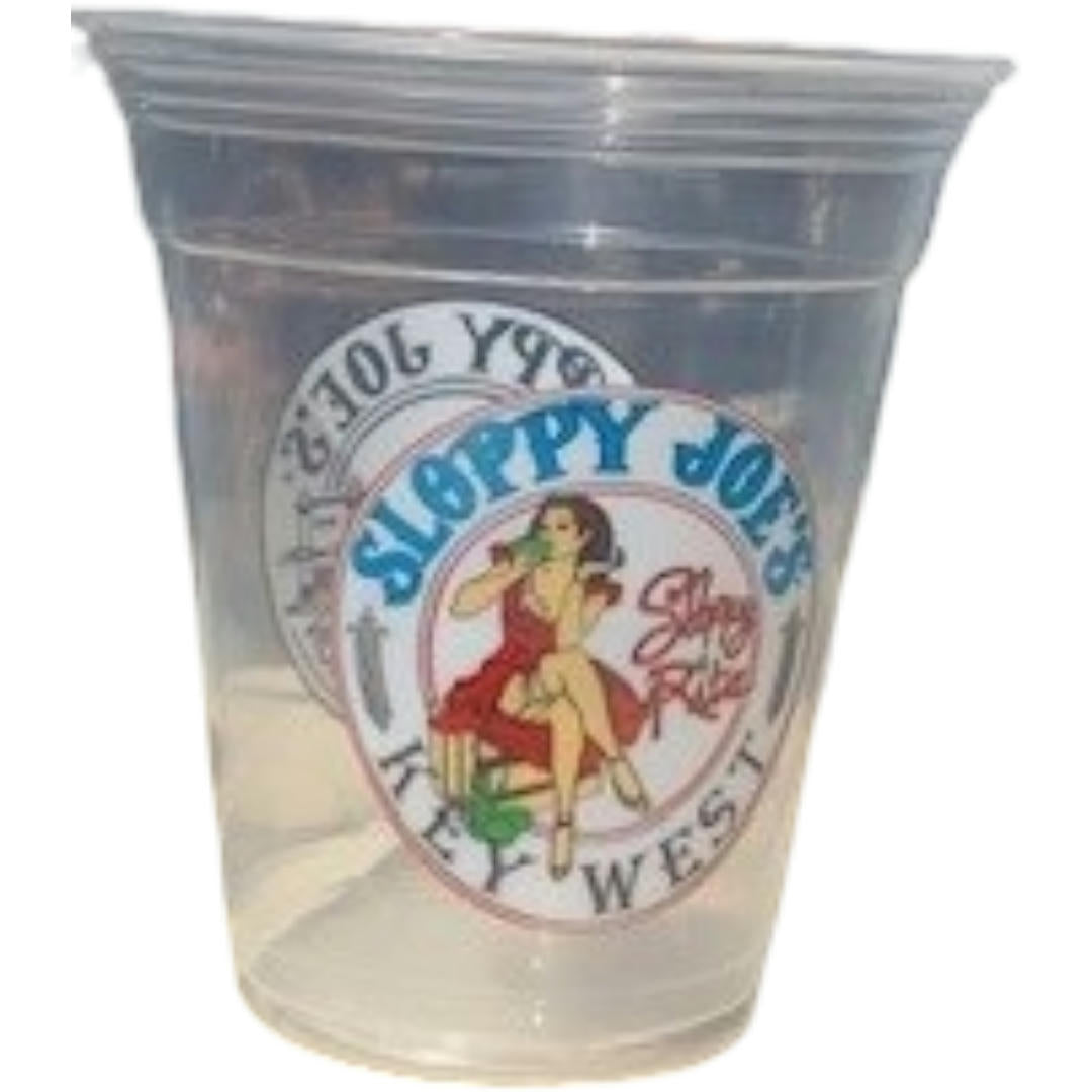 Sloppy Joe's sleeve of 50 plastic cups showing bar logo, Sloppy Rita, and Sloppy Ginger designs