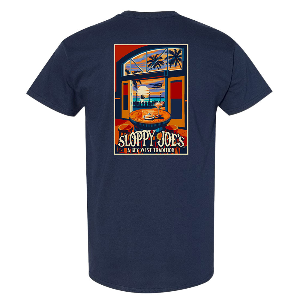Sloppy Joe’s Travel Poster Tee back in Navy, retro Key West sunset poster design