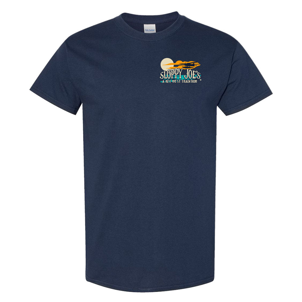 Sloppy Joe’s Travel Poster Tee front in Navy, left-chest sunset and seaplane logo